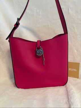 Michael Kors Fuchsia Leather Shoulder Bag with Silver-Tone Charm